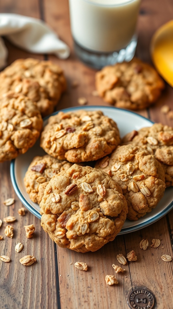 A plate of 2-ingredient oatmeal cookies made with bananas and oats, served with a glass of milk.